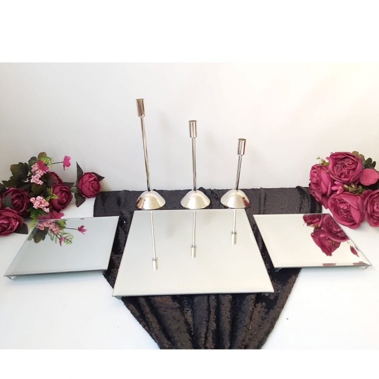 3 Lü Kare Aynalı Jardinyer Aynalı Ve 3 Adet İnce Mumluk Masa Üstü Söz Nişan  Seti avec Table Jardin Rose