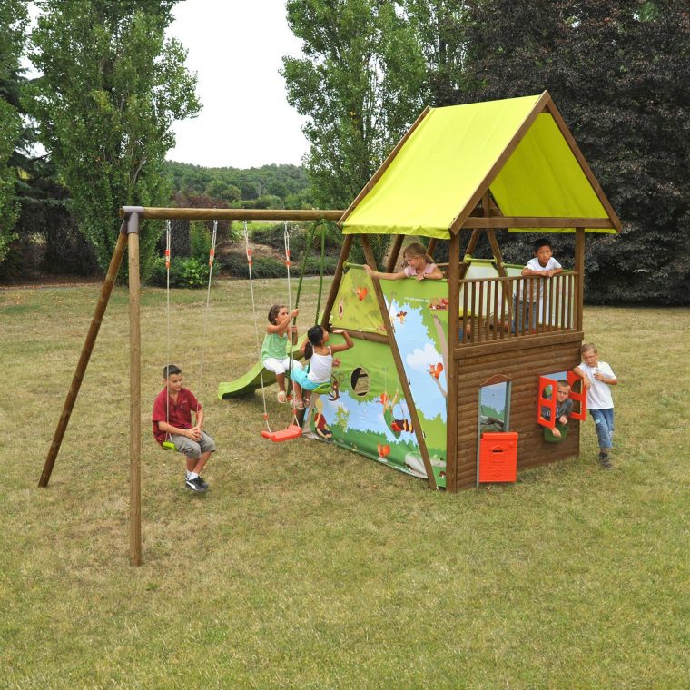Aire De Jeux En Bois Pour Enfant – 4 Agrès + Maisonnette … avec Jeux De Jardin En Bois