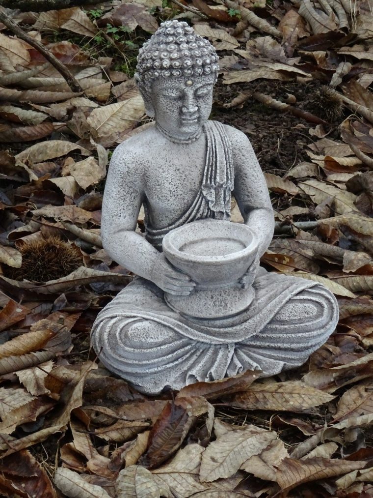 Bouddha Portant Une Coupe , 41 Cm, Pierre Reconstituée, à Statue De Jardin En Pierre Reconstituée