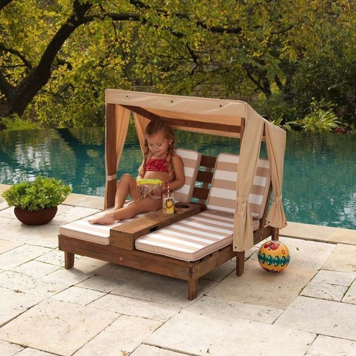Double Chaise Longue Enfant Avec Porte-Gobelets – Taille … avec Salon De Jardin Enfants