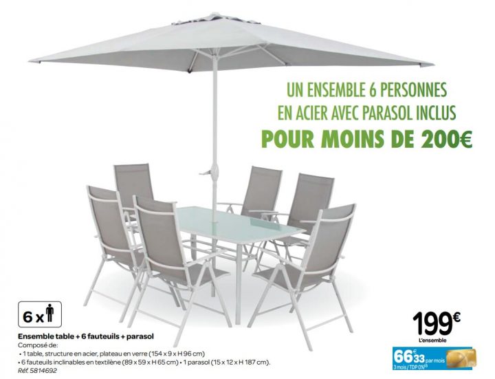 Promotion Carrefour: Ensemble Table + 6 Fauteuils + Parasol … intérieur Table Et Chaise De Jardin Carrefour