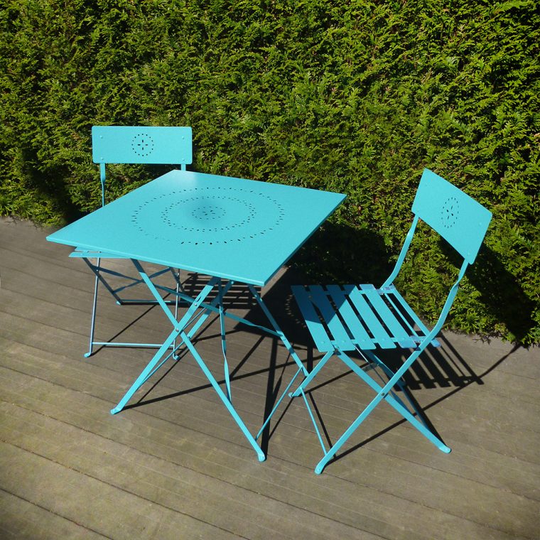 Salon De Jardin Crepuscule 1 Table Carrée Et Deux Chaises En Acier Coloris  Bleu avec Salon De Jardin Carre