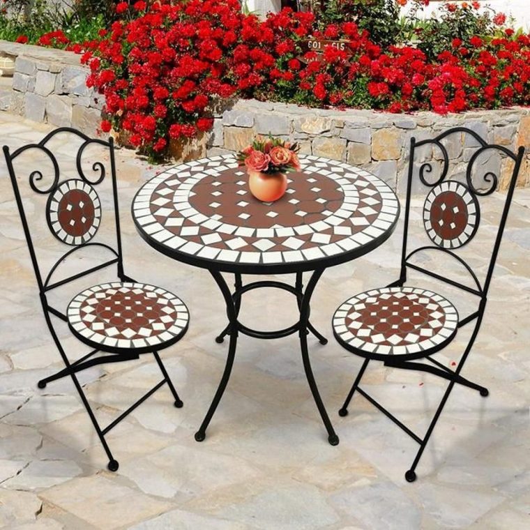 Salon De Jardin Mosaïque | Table Ronde (Ø/h: 60X70Cm) Et 2 … avec Table De Jardin En Mosaique