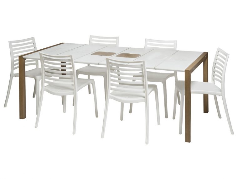 Salon De Jardin "sunday" – 1 Table Blanc/bois + 8 Fauteuils … destiné Ensemble Table Et Chaise De Jardin Grosfillex