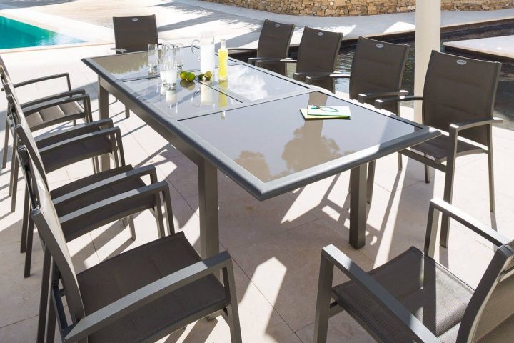 Table Extensible Azua Verre Taupe Mastic 10 Places … à Table De Jardin Aluminium Et Verre