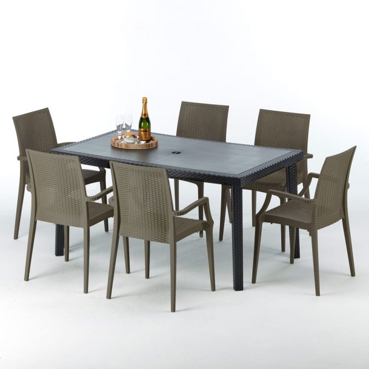 Table Rectangulaire Et 6 Chaises Poly Rotin Colorées 150X90 … avec Salon De Jardin En Métal Pas Cher