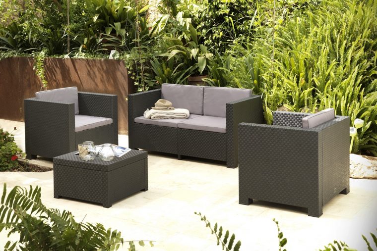 Ankara 4 Gris + Coffre/table avec Salon De Jardin Resine 4 Places