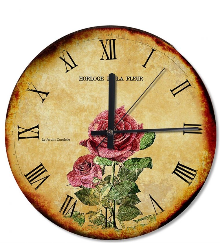 Dalında Pembe Gül Çiçek Tasarım Duvar Saati concernant Horloge De Jardin