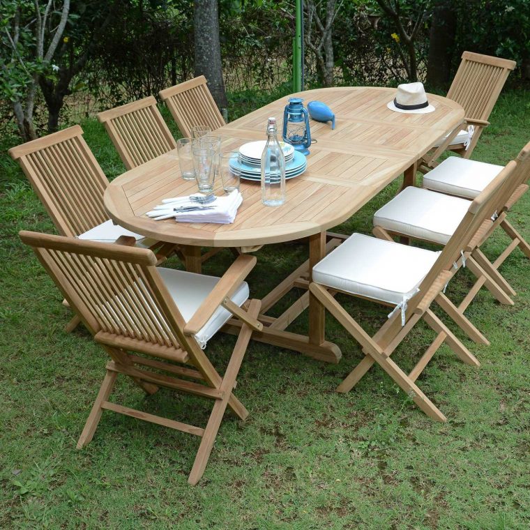 Salon De Jardin Teck Ecograde Bora-Bora, 6 Chaises Et 2 … tout Housse De Table De Jardin Ovale