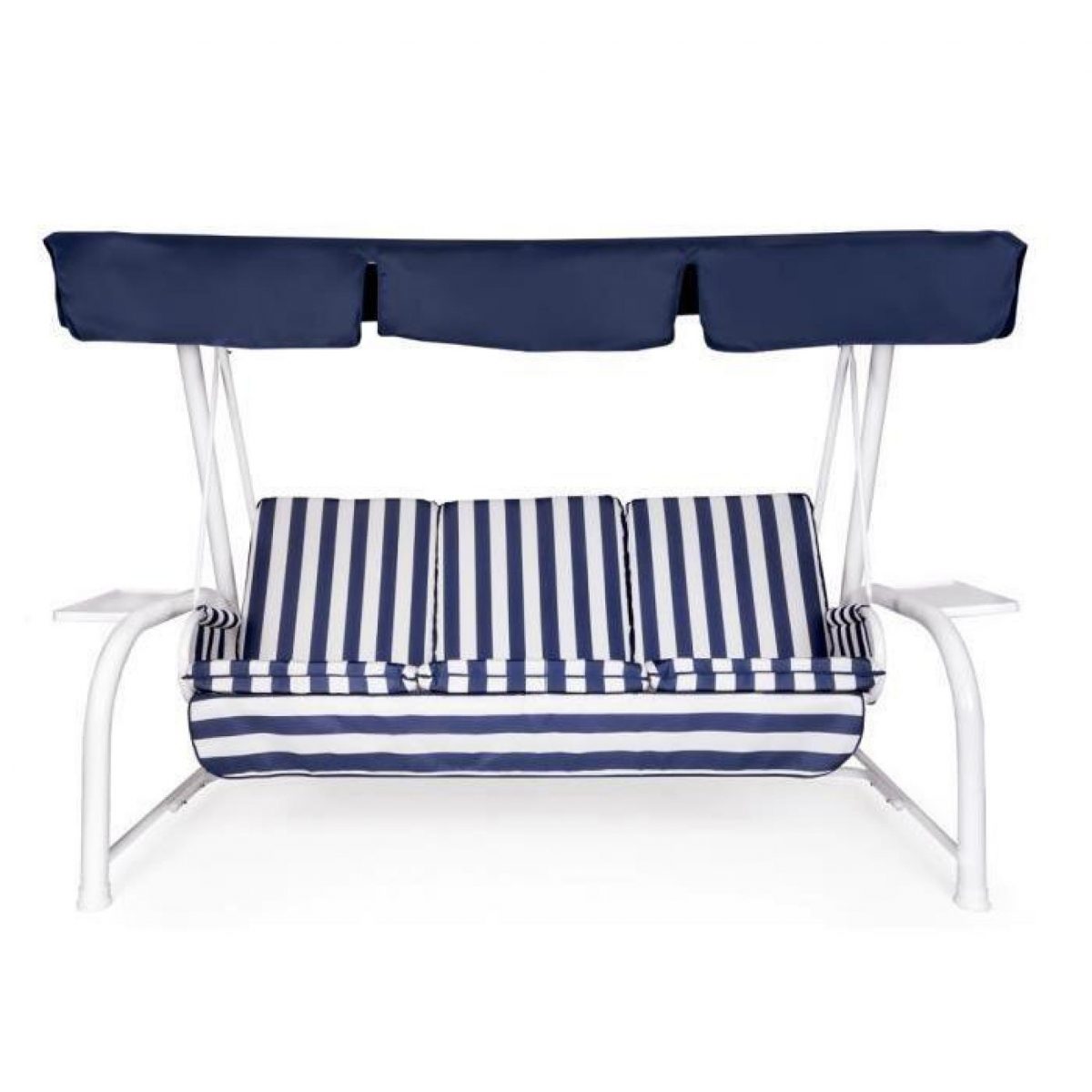 Set Coussins + Toit De Remplacement Pour Balancelle 4 Places Blanc Rayé  Bleu Toit Bleu pour Coussins Balancelle