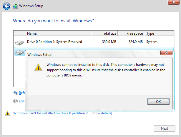 windows ne peut pas être installé sur ce disque