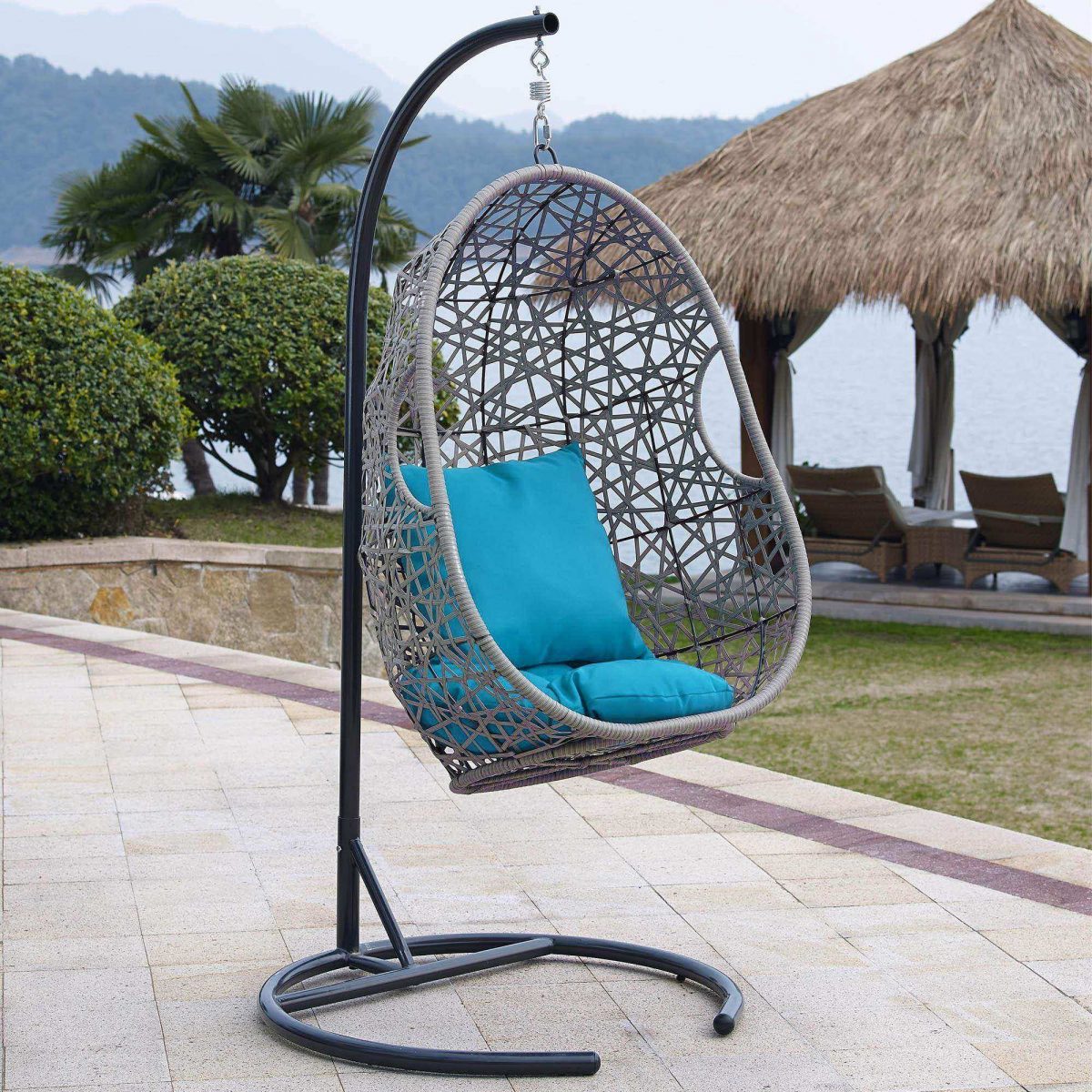 Fauteuil Suspendu Uf En Resine Tressee Gris Et Bleu Moorea ... intérieur Fauteuil Oeuf De Jardin