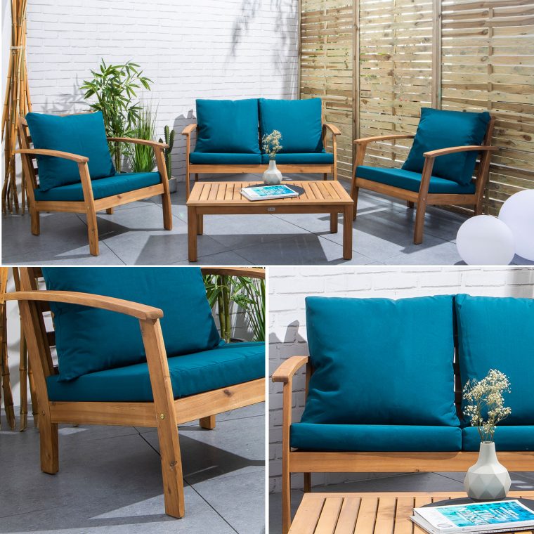 Salon De Jardin En Bois 4 Places – Ushuaïa – Coussins Bleu … destiné Salon De Jardin Design En Solde