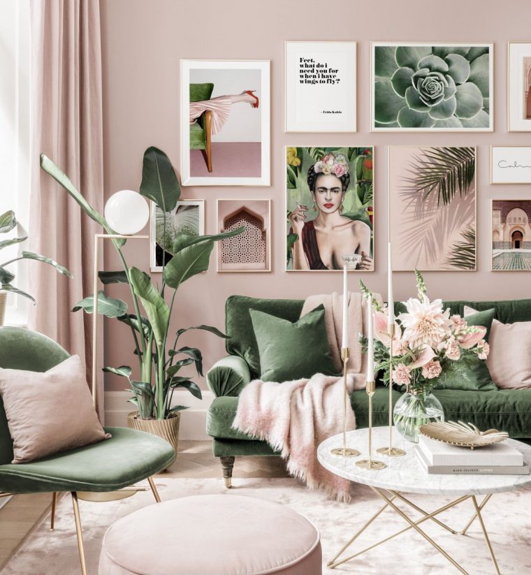 Magnifique Composition Murale Rose Vert Salon Affiche Frida Cadres … pour Deco Murale Or Rose