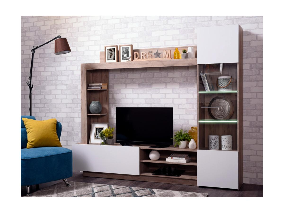 Mur Tv Arkala Avec Rangements - Leds - Blanc &amp; Chêne Grisé tout Cdiscount Salon De Jardin Derrière Le Mur