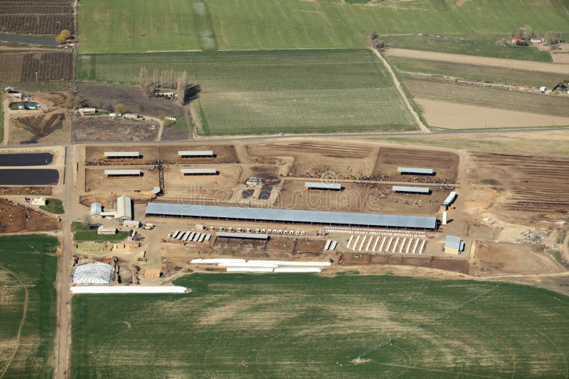 Dairy Farm Silos Cattle Barn and Farm Land. Stock Image - Image of